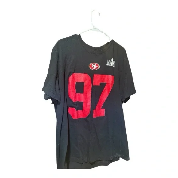 Nike San Francisco 49ers Black T-Shirt with Red Swoosh and White Print - Picture 2 of 4